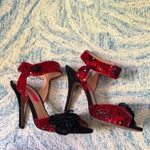 Betsey Johnson Red Sequin Ankle-Strap Heels with Black Floral Accent